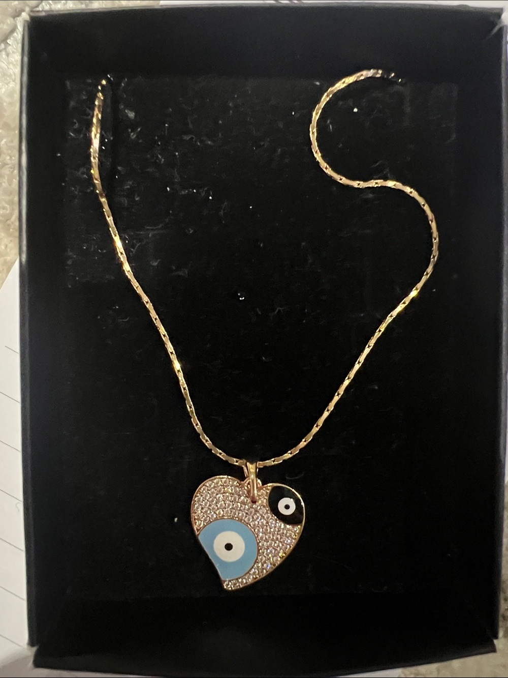 Rose Gold Pave Heart Pendant Necklace w enamel Blue Evil Eye Accents w chain